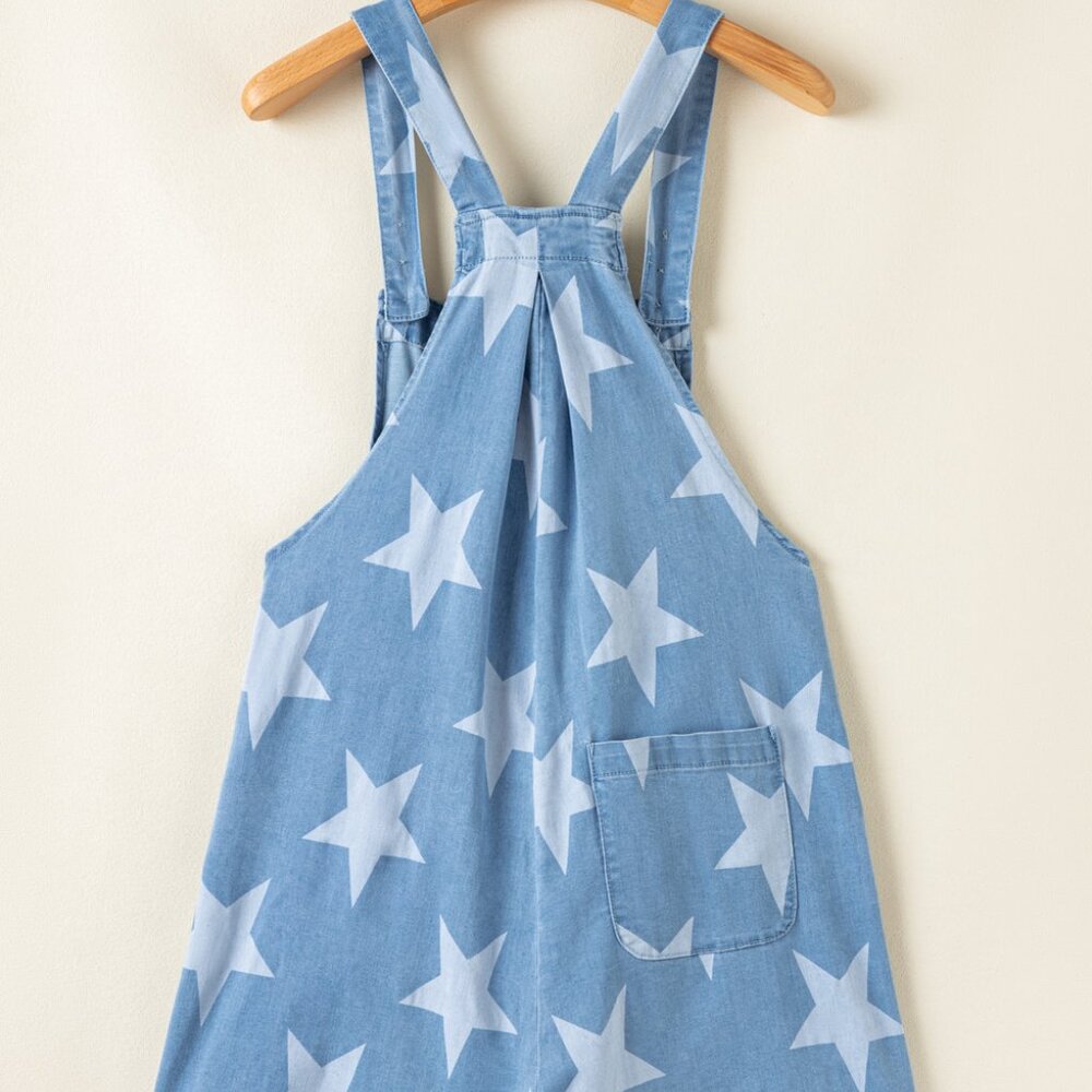 B244 Light Blue Star Printed Buttoned Straps Pocketed Denim Romper - Picture 7 of 14